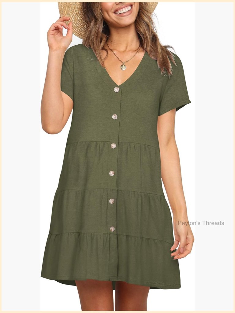 Short Sleeve V-Neck Casual Loose Swing Button Down T Shirt Dress